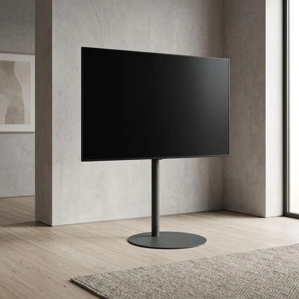 TV floorstand met een grote tv, op de ronde voet in een woonkamer met betonnen wanden